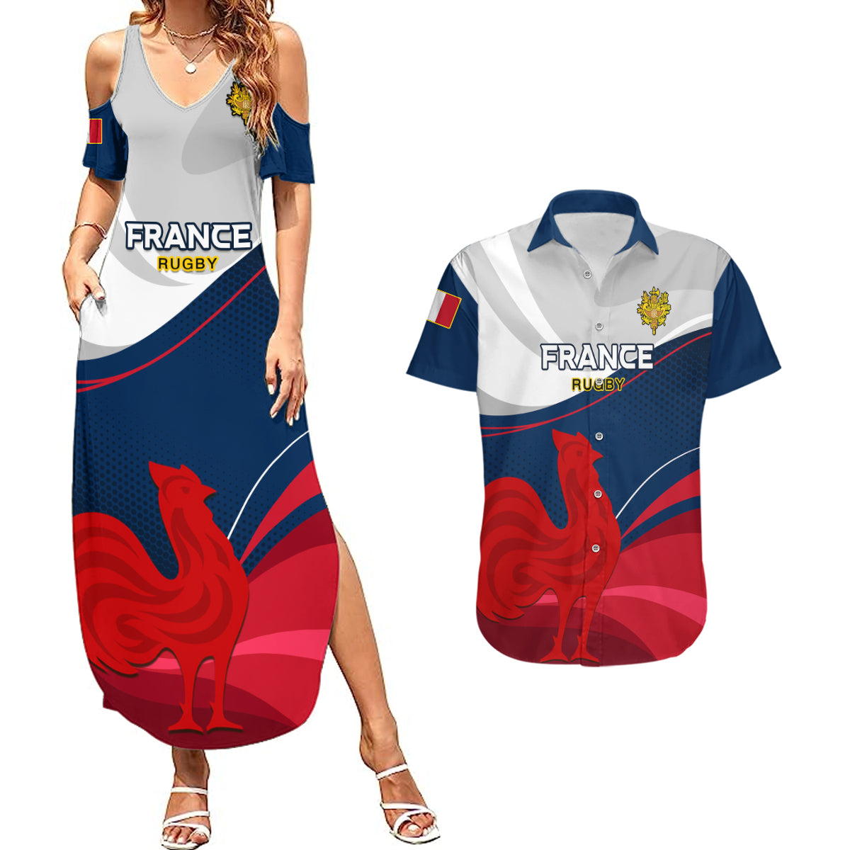 Custom France Rugby Couples Matching Summer Maxi Dress and Hawaiian Shirt XV de France 2023 World Cup - Wonder Print Shop