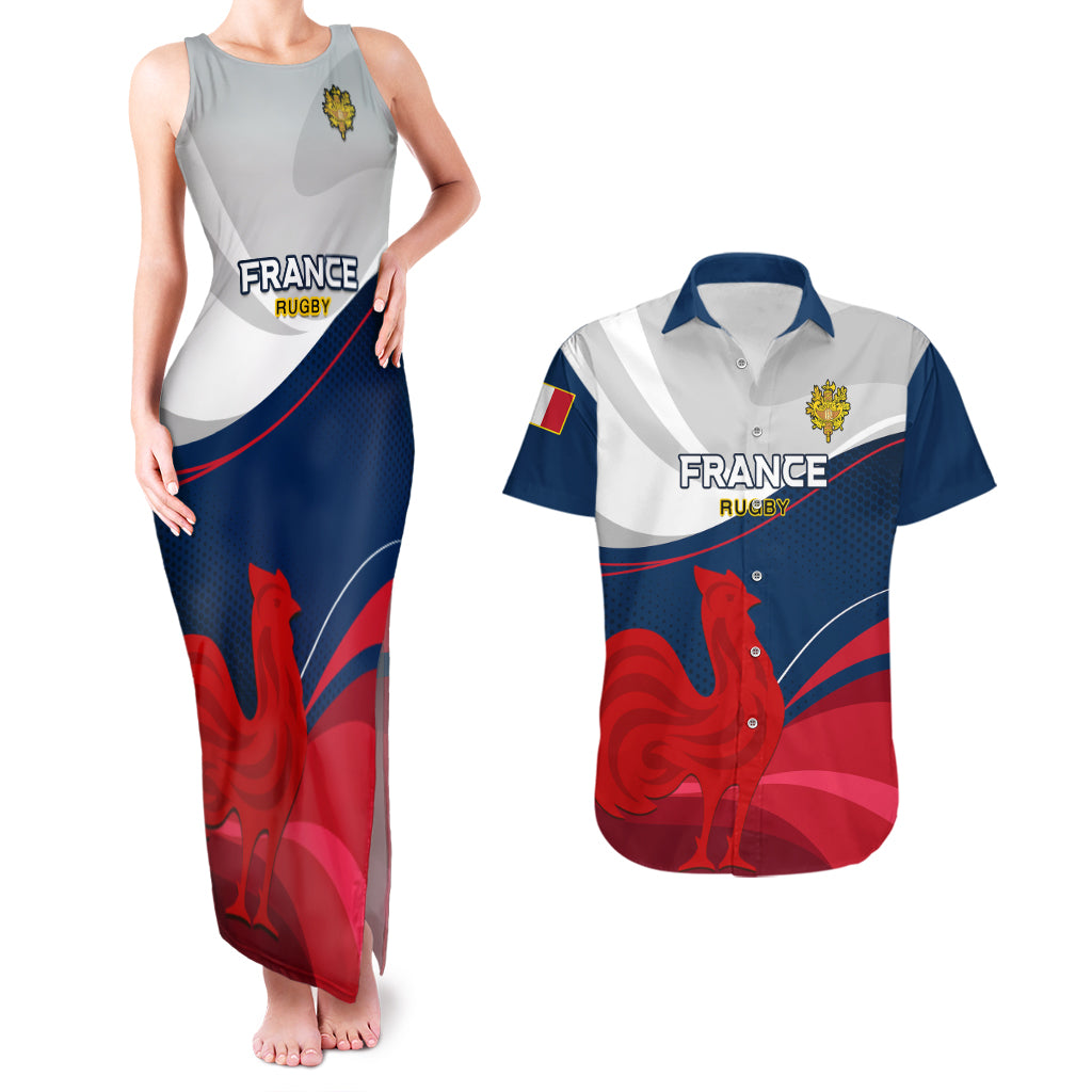 Custom France Rugby Couples Matching Tank Maxi Dress and Hawaiian Shirt XV de France 2023 World Cup - Wonder Print Shop