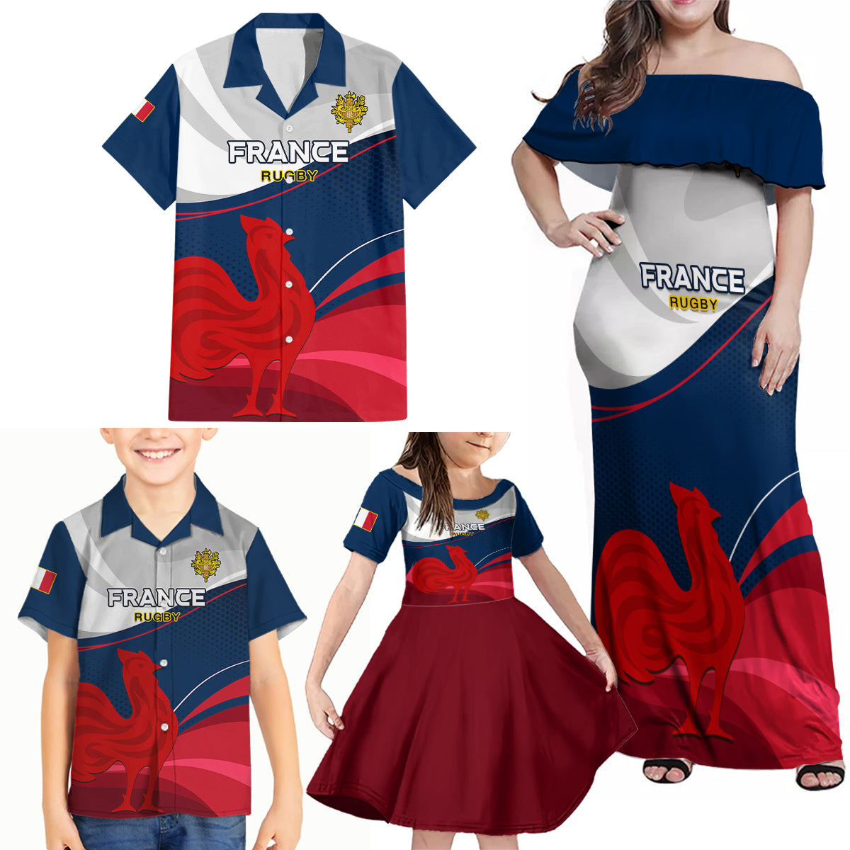 Custom France Rugby Family Matching Off Shoulder Maxi Dress and Hawaiian Shirt XV de France 2023 World Cup - Wonder Print Shop