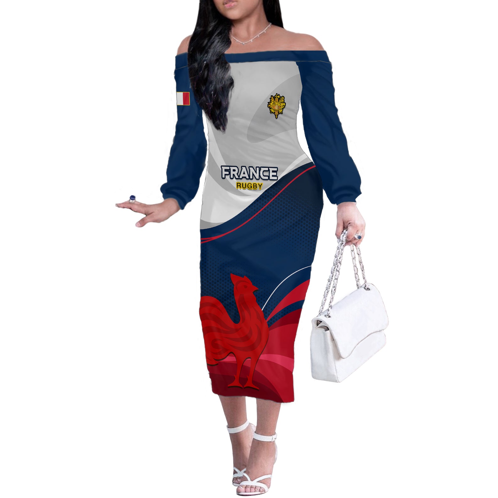 Custom France Rugby Off The Shoulder Long Sleeve Dress XV de France 2023 World Cup - Wonder Print Shop