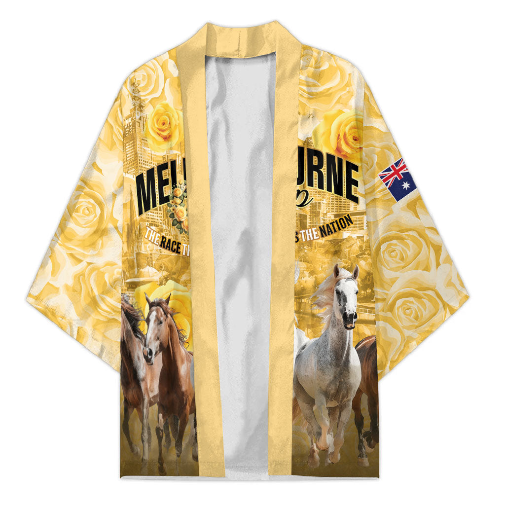 Personalised Melbourne 2026 Cup Kimono Yellow Rose Horse Racing