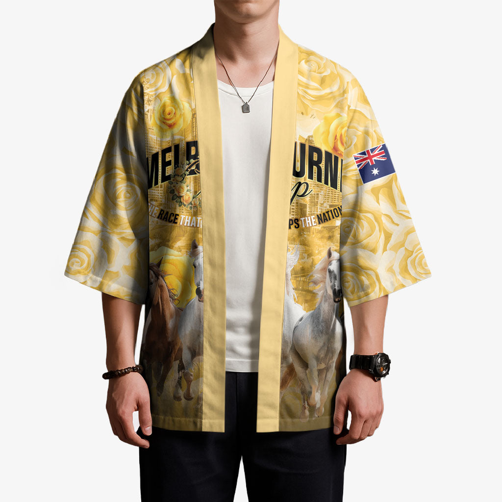 Personalised Melbourne 2026 Cup Kimono Yellow Rose Horse Racing