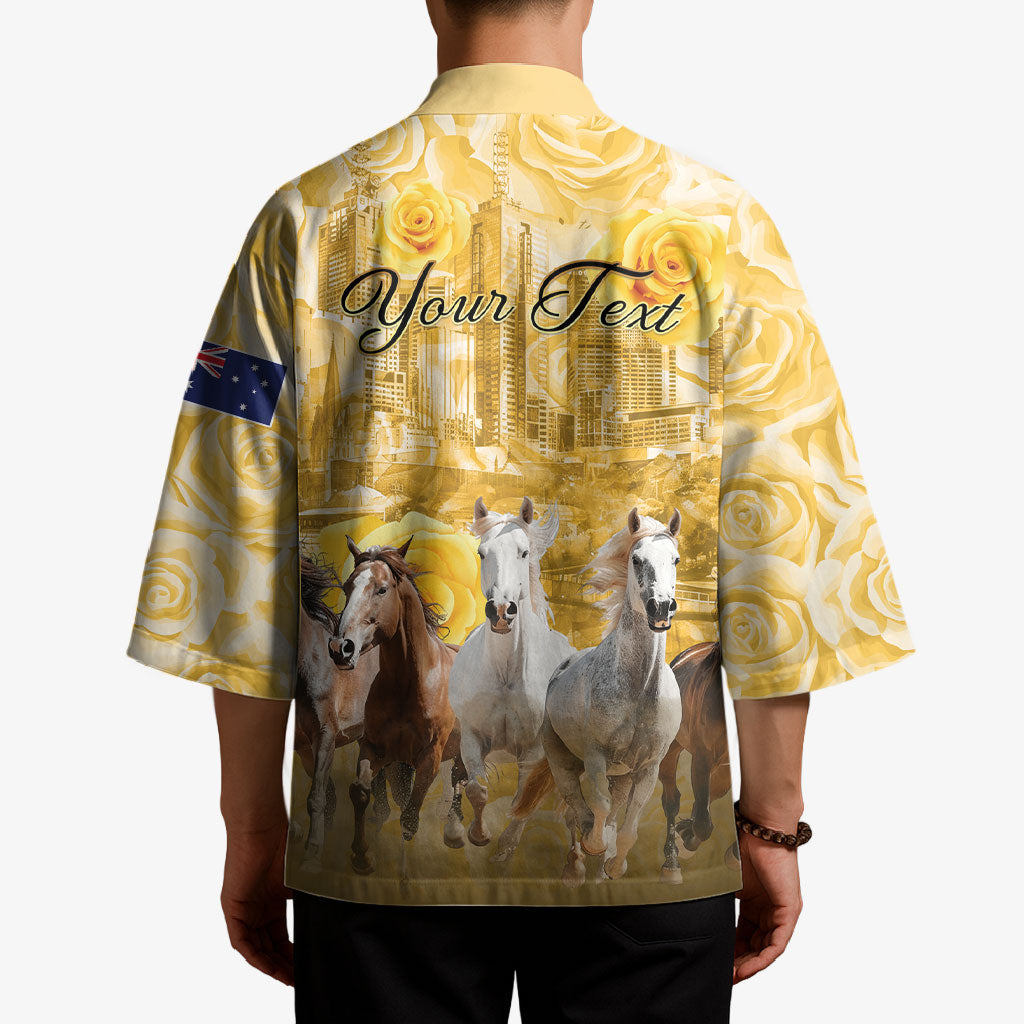 Personalised Melbourne 2026 Cup Kimono Yellow Rose Horse Racing