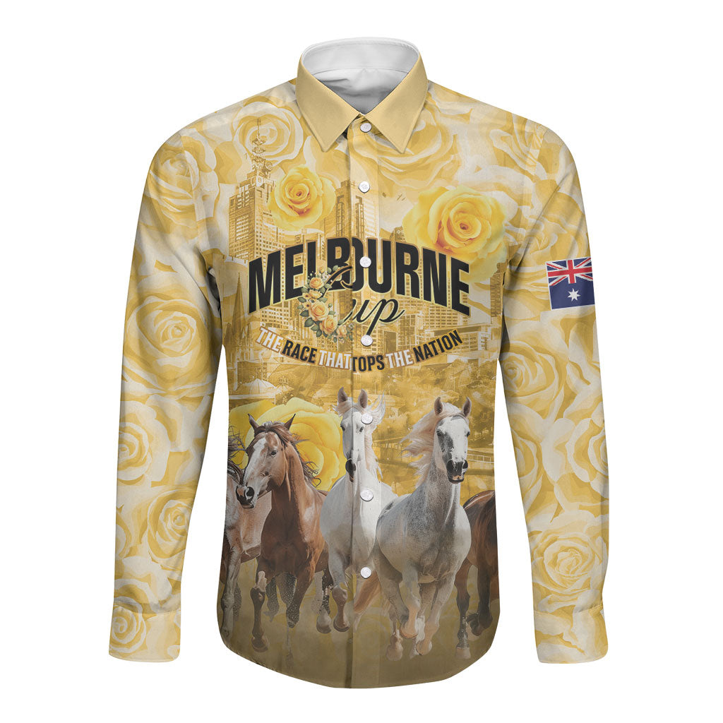 Personalised Melbourne 2026 Cup Long Sleeve Button Shirt Yellow Rose Horse Racing