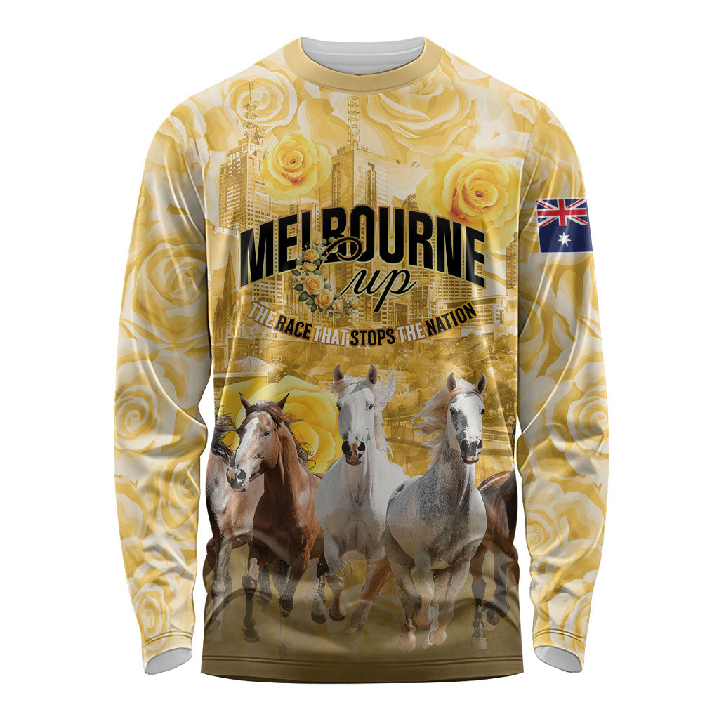 Personalised Melbourne 2026 Cup Long Sleeve Shirt Yellow Rose Horse Racing