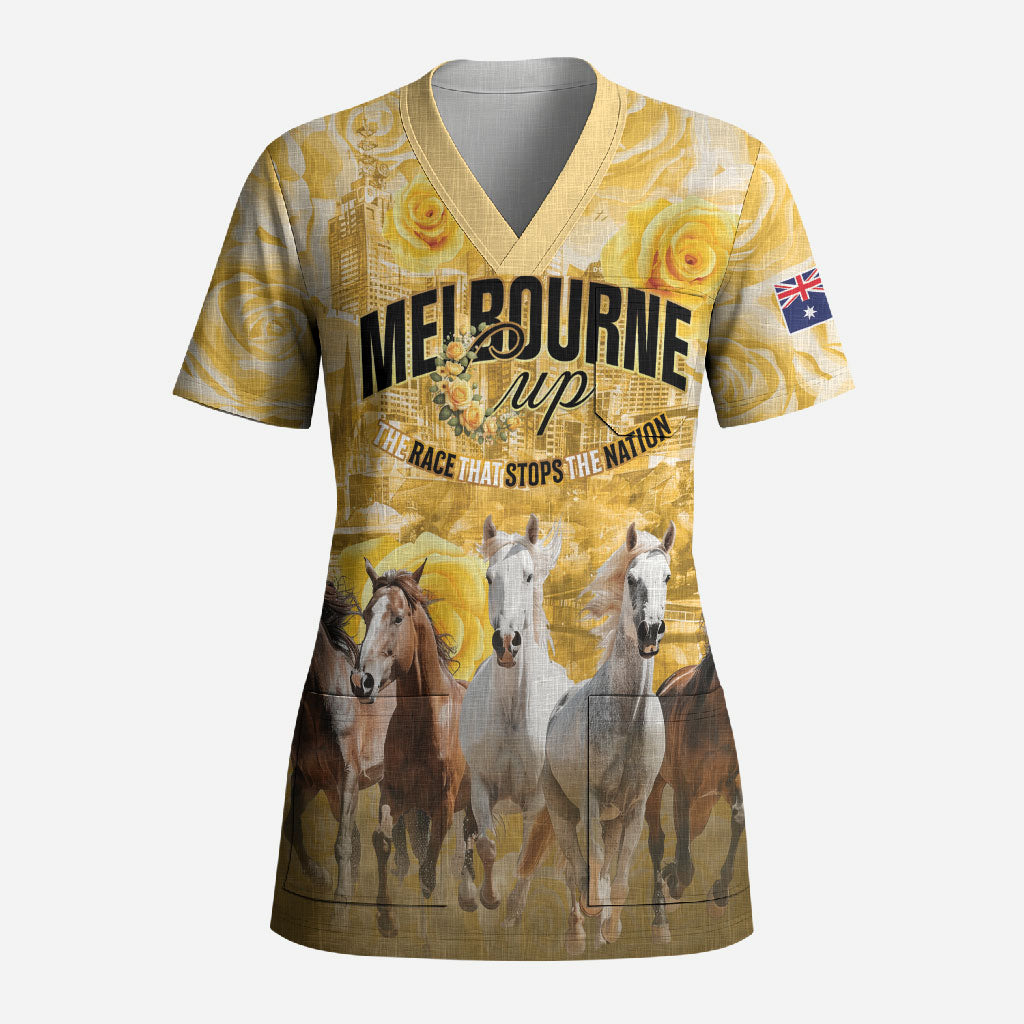 Personalised Melbourne 2026 Cup Scrub Top Yellow Rose Horse Racing