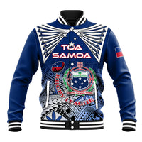 Blue varsity rugby baseball jacket with striped collar, crest and starburst front graphic
