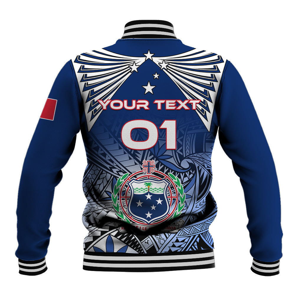Blue varsity jacket back with red “01”, crest emblem, starburst shoulders and striped trim