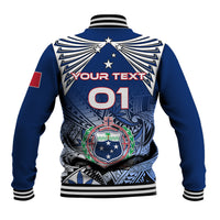 Blue varsity jacket back with red “01”, crest emblem, starburst shoulders and striped trim