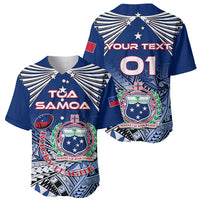 Pair of blue rugby baseball jerseys: front Toa Samoa and back YOUR TEXT 01