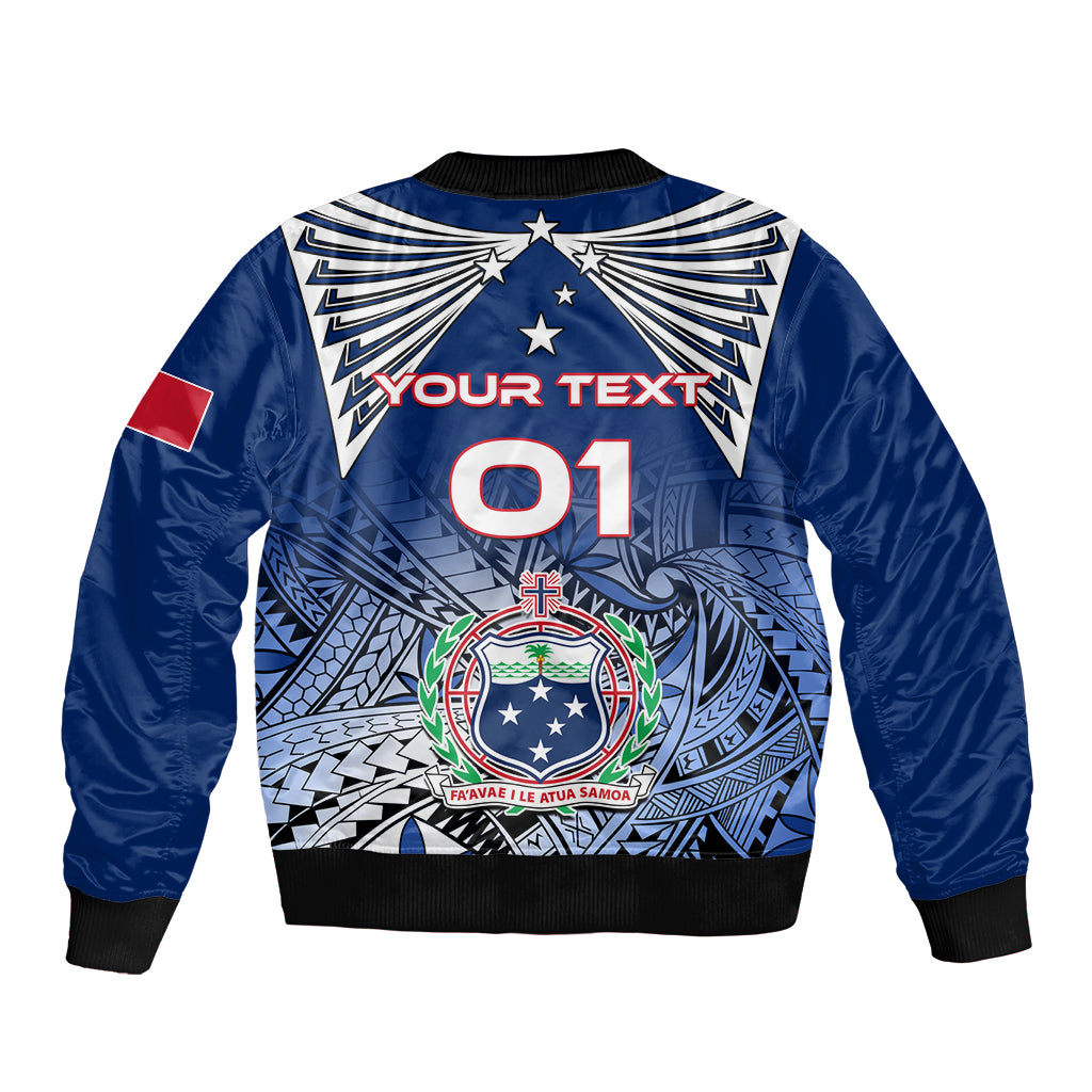 Blue bomber jacket with black ribbed cuffs, back stars, and '01' and crest graphic