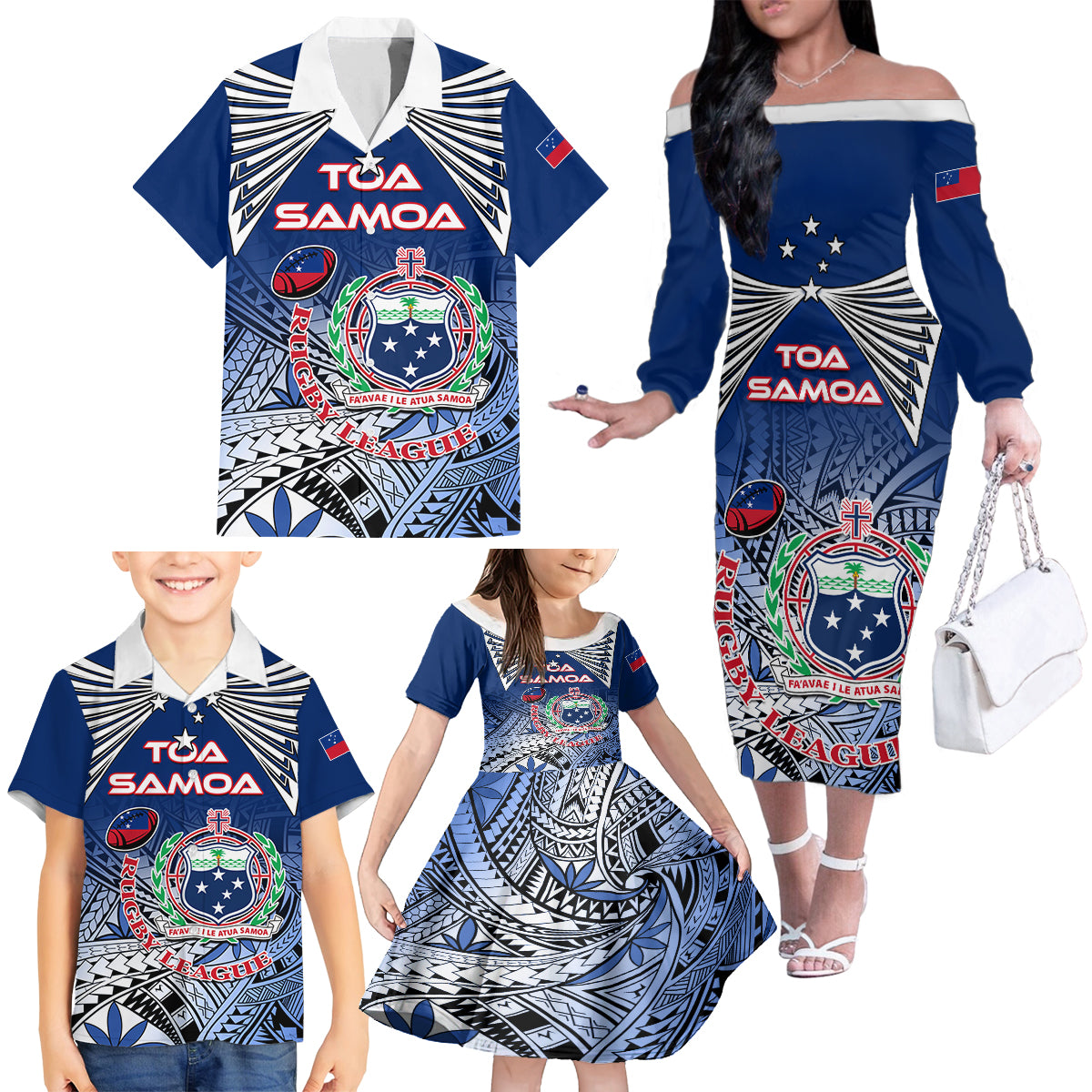 Custom Samoa Rugby Family Matching Off Shoulder Long Sleeve Dress and Hawaiian Shirt Toa Samoa Myriad Patterns - Wonder Print Shop