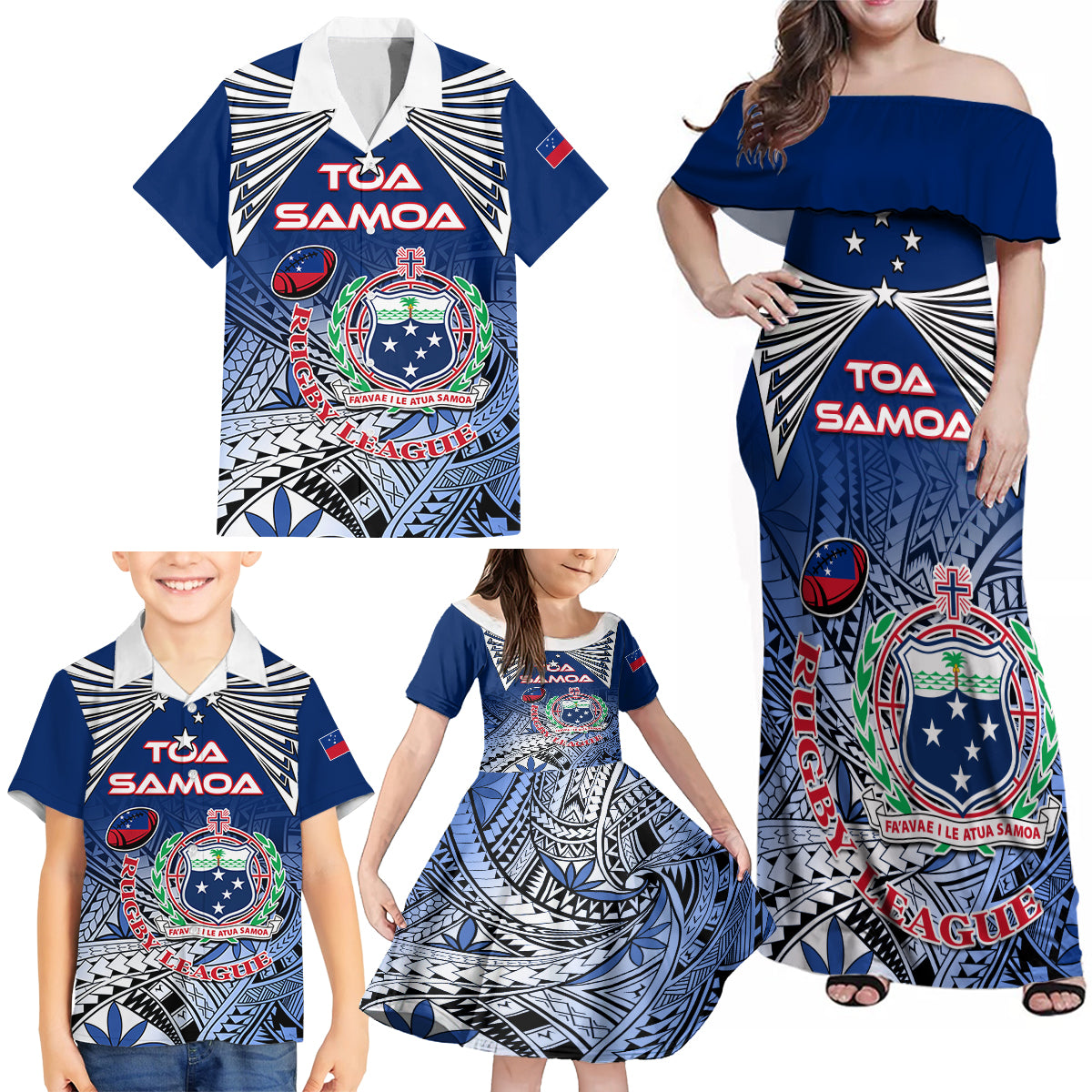 Custom Samoa Rugby Family Matching Off Shoulder Maxi Dress and Hawaiian Shirt Toa Samoa Myriad Patterns - Wonder Print Shop