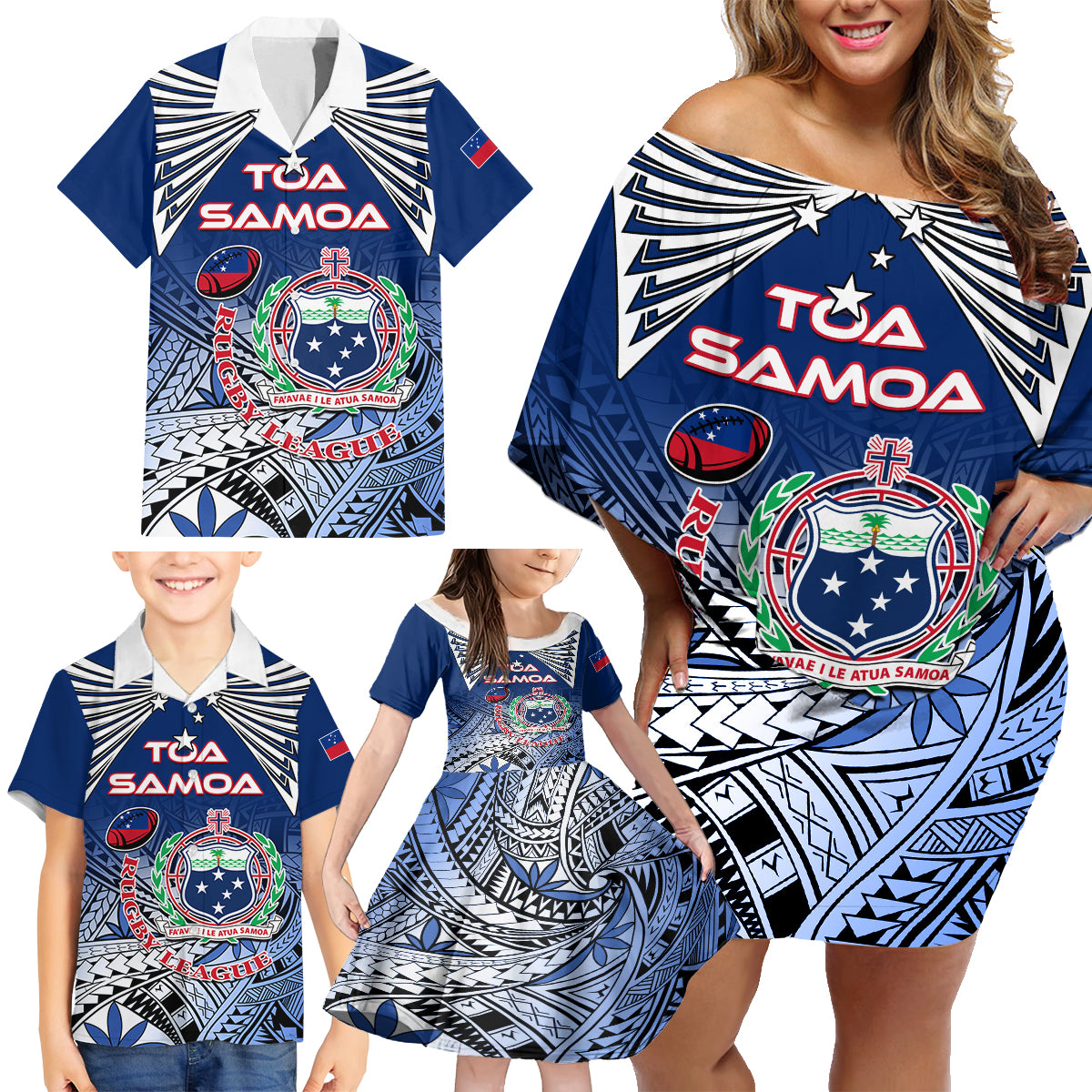 Custom Samoa Rugby Family Matching Off Shoulder Short Dress and Hawaiian Shirt Toa Samoa Myriad Patterns - Wonder Print Shop