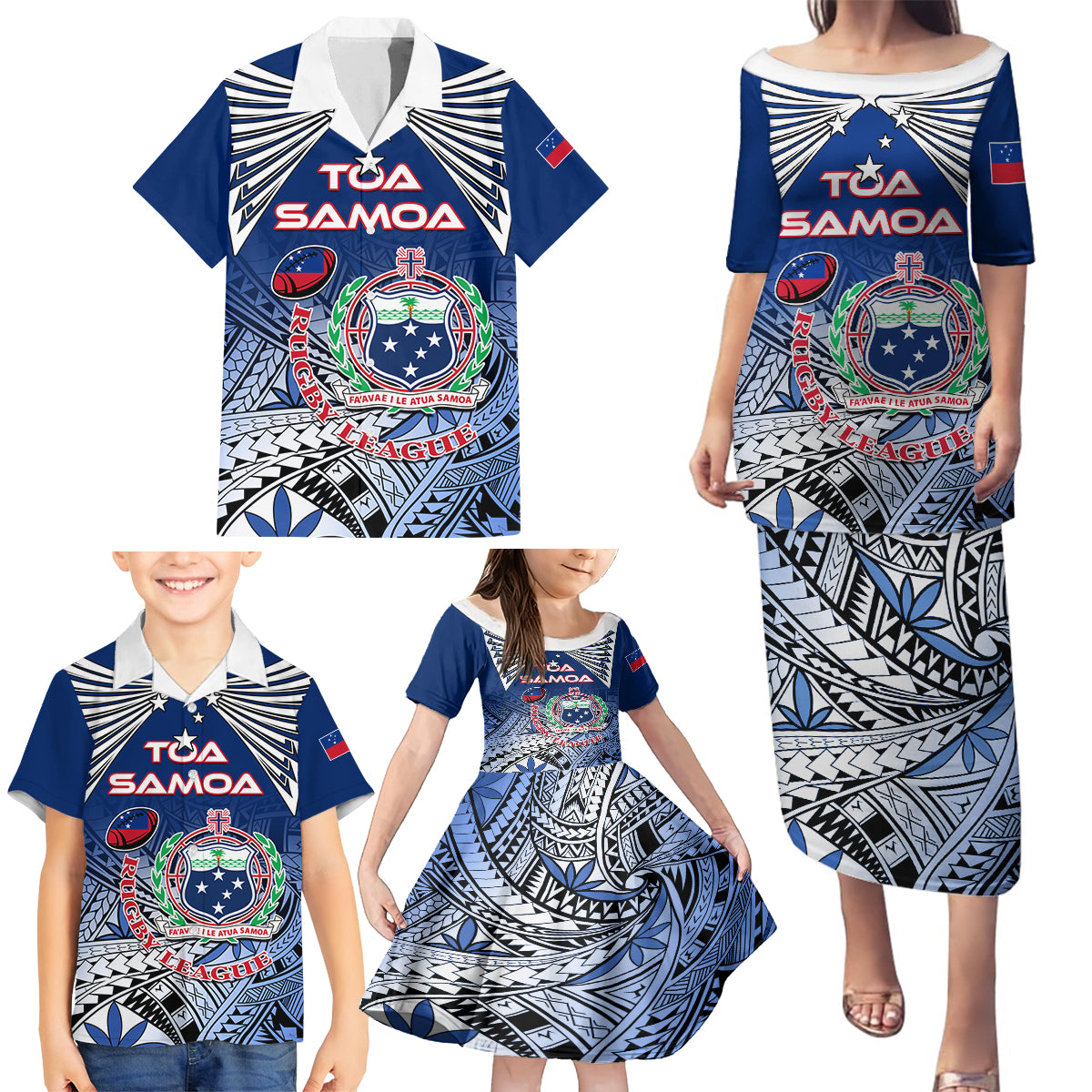 Custom Samoa Rugby Family Matching Puletasi Dress and Hawaiian Shirt Toa Samoa Myriad Patterns - Wonder Print Shop