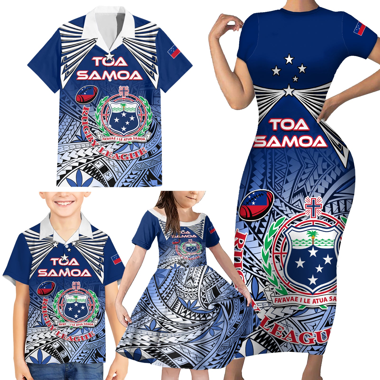 Custom Samoa Rugby Family Matching Short Sleeve Bodycon Dress and Hawaiian Shirt Toa Samoa Myriad Patterns - Wonder Print Shop