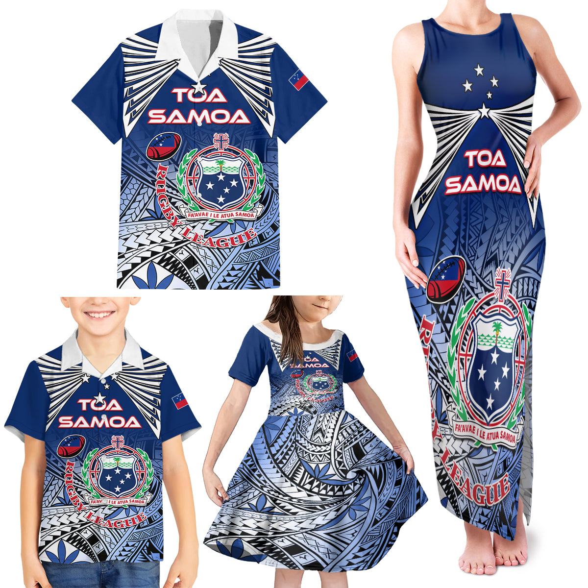 Custom Samoa Rugby Family Matching Tank Maxi Dress and Hawaiian Shirt Toa Samoa Myriad Patterns - Wonder Print Shop