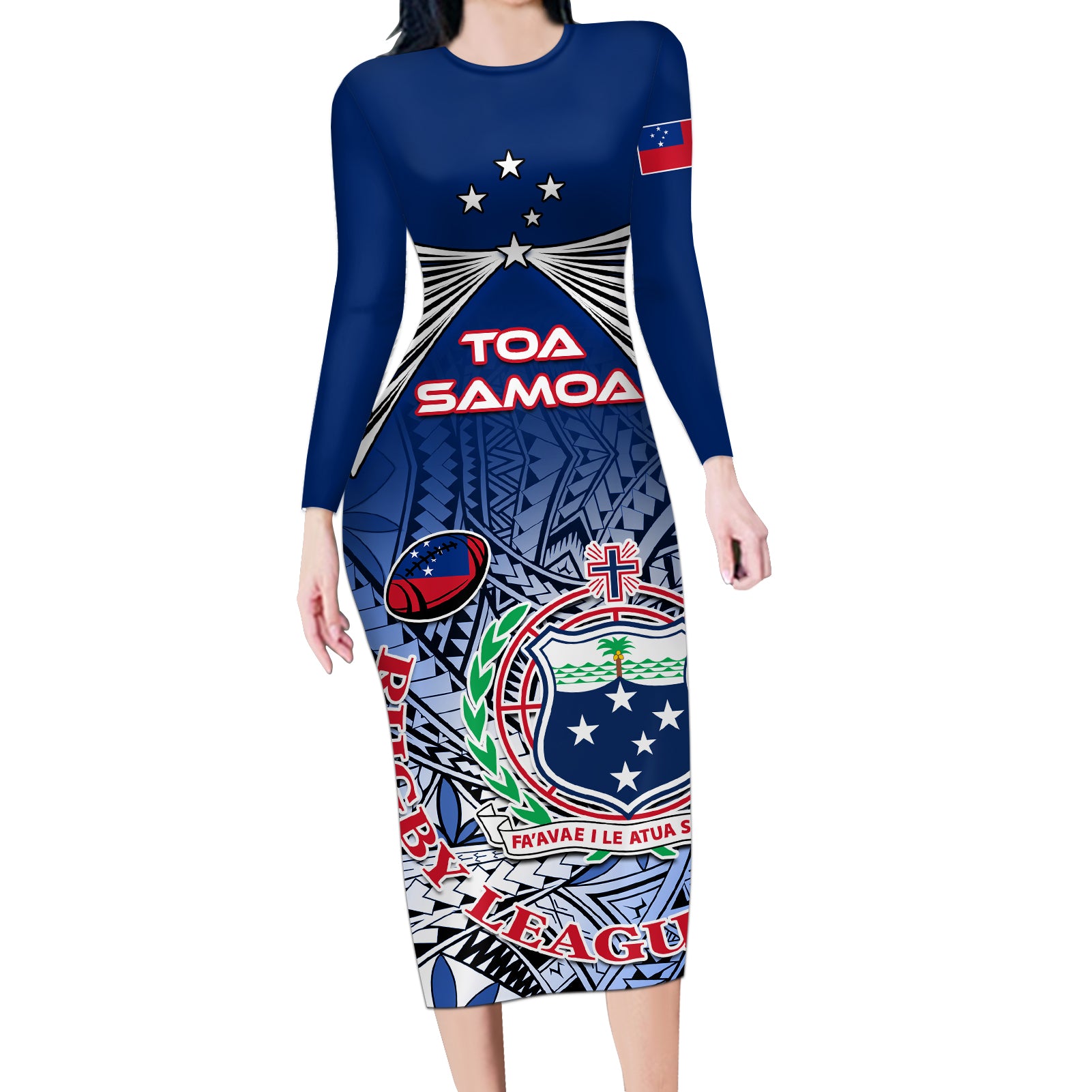 Custom Samoa Rugby Long Sleeve Bodycon Dress Toa Samoa Myriad Patterns - Wonder Print Shop