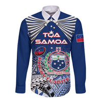 Blue long-sleeve button rugby shirt with white collar, front crest and tribal pattern