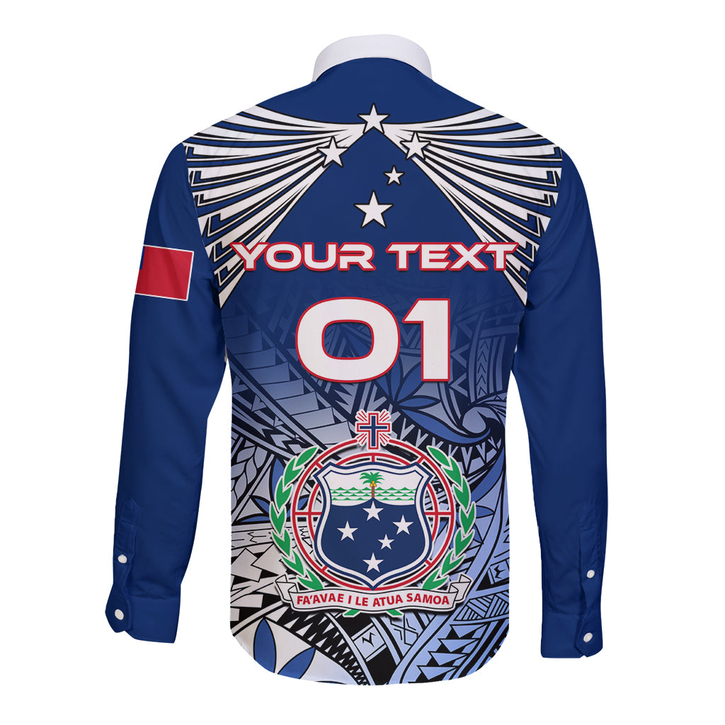 Blue long-sleeve button rugby shirt with back print, 'YOUR TEXT' and '01'