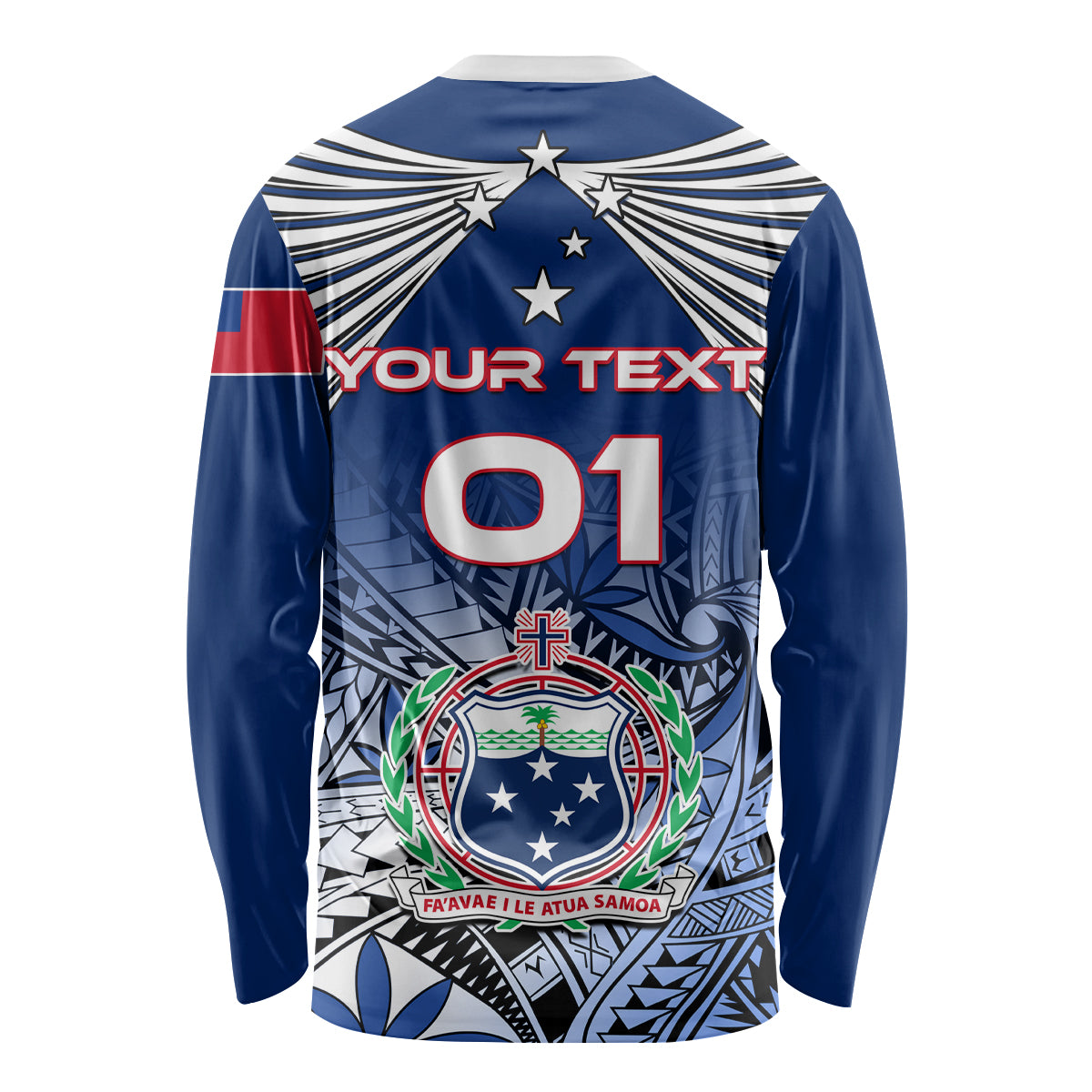 Blue long-sleeve rugby shirt with back print YOUR TEXT 01 and crest