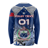 Blue long-sleeve rugby shirt with back print YOUR TEXT 01 and crest