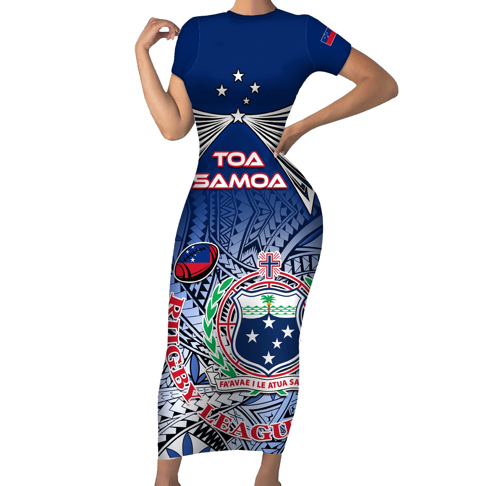 Custom Samoa Rugby Short Sleeve Bodycon Dress Toa Samoa Myriad Patterns - Wonder Print Shop