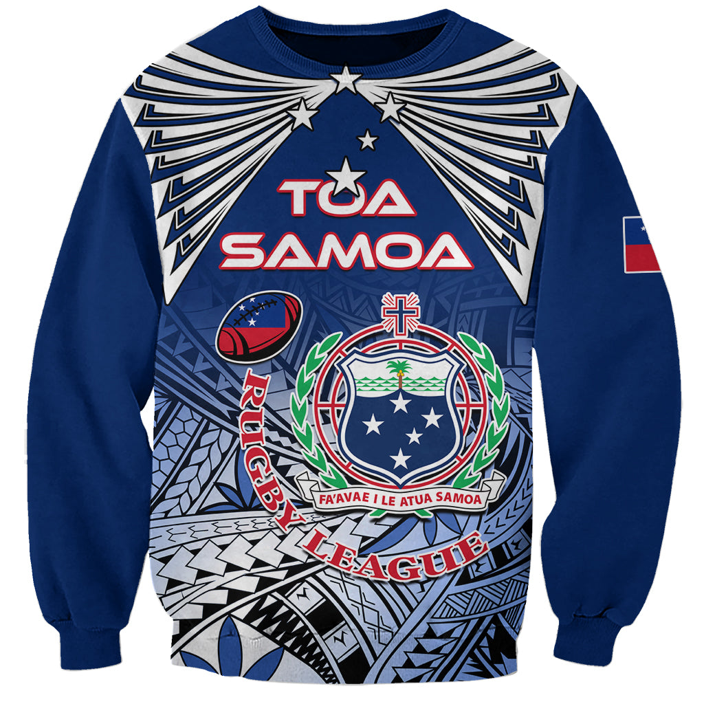 Blue crewneck rugby sweatshirt with bold star crest graphic and 'TOA SAMOA' print