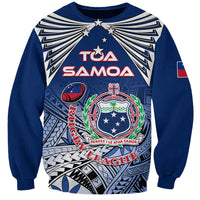 Blue crewneck rugby sweatshirt with bold star crest graphic and 'TOA SAMOA' print