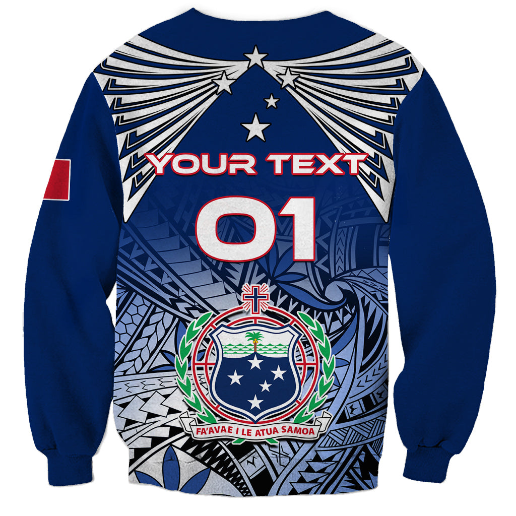 Blue crewneck rugby sweatshirt with 'YOUR TEXT' and '01' graphic panel