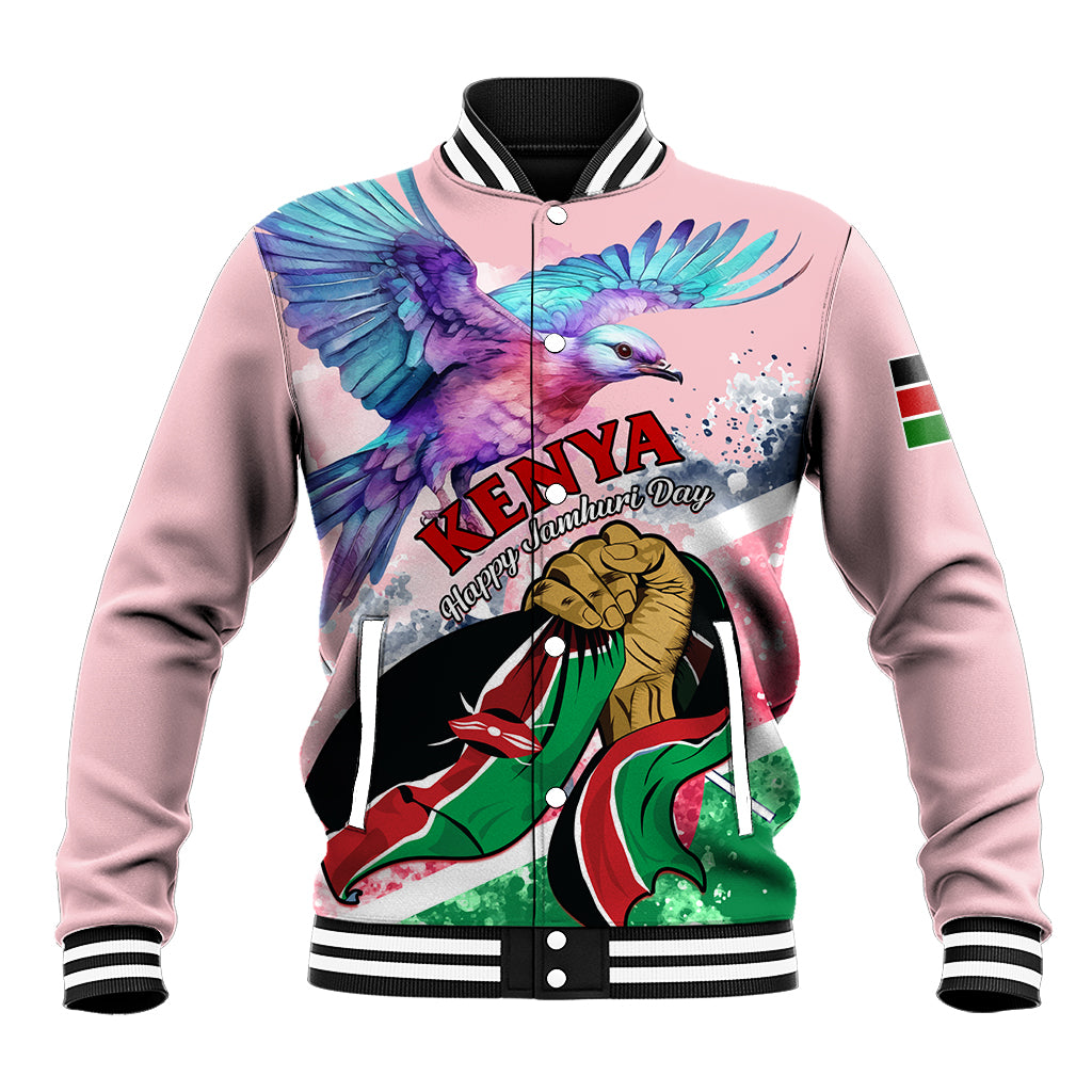 Unisex light pink baseball jacket with black striped trim and Kenya bird graphic front