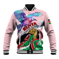 Unisex light pink baseball jacket with black striped trim and Kenya bird graphic front