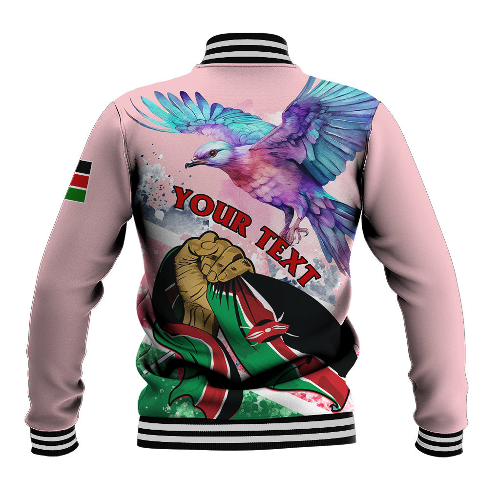 Unisex light pink baseball jacket with black striped trim and back 'YOUR TEXT' graphic