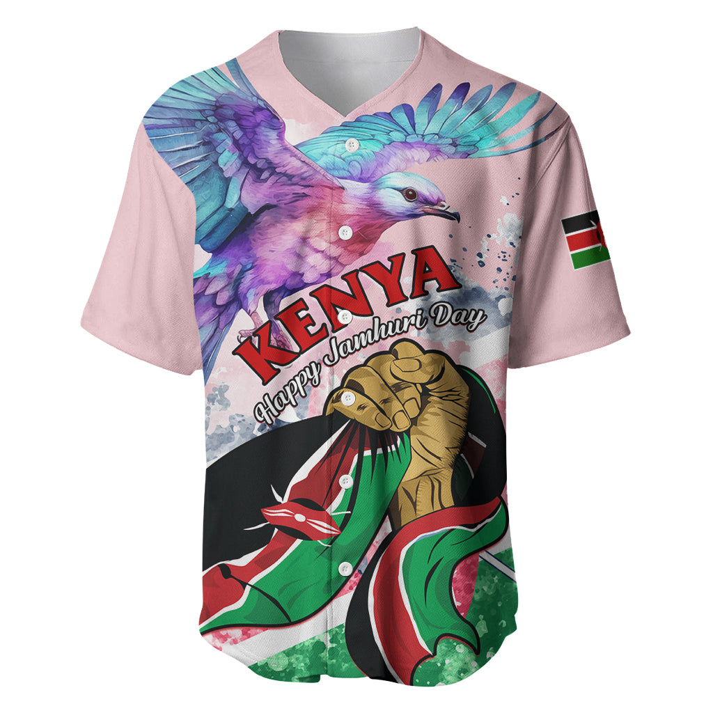 Lilac baseball jersey with bird and Kenya flag accents, golden mascot with ribbon on front