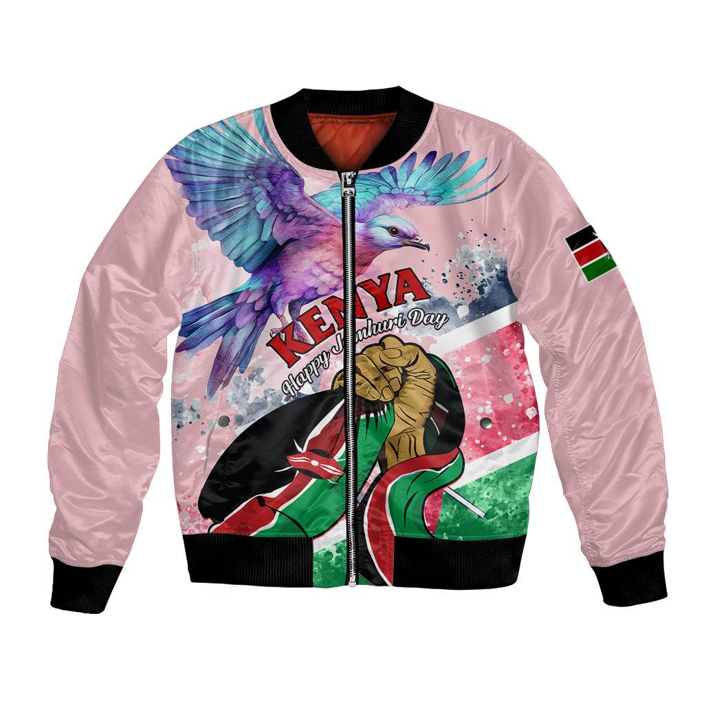 Lilac bomber jacket with zip front, ribbed cuffs, Kenya independence graphic and sleeve flag