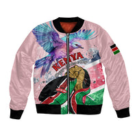 Lilac bomber jacket with zip front, ribbed cuffs, Kenya independence graphic and sleeve flag