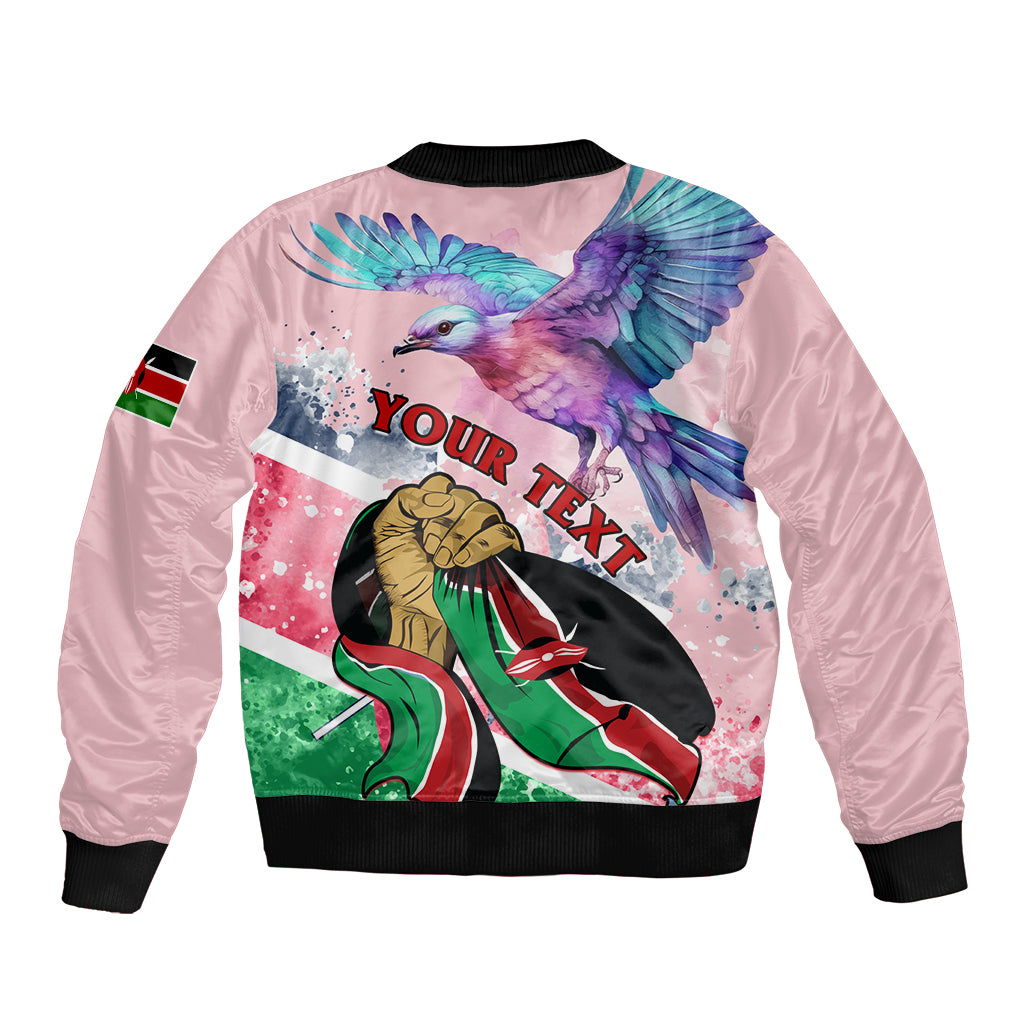 Lilac bomber jacket with back Kenya graphic, 'your text' band, ribbed cuffs, flag sleeve