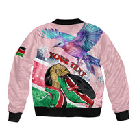 Lilac bomber jacket with back Kenya graphic, 'your text' band, ribbed cuffs, flag sleeve
