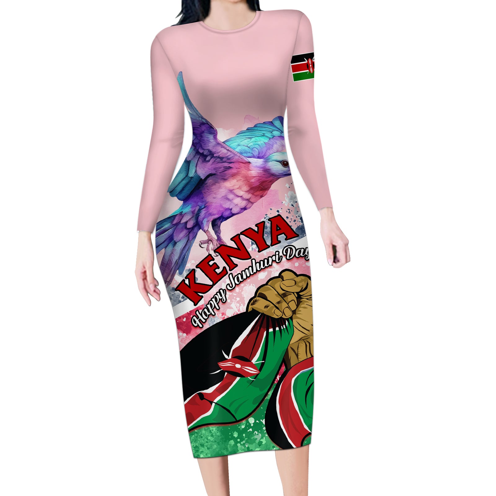 personalised-kenya-independence-day-long-sleeve-bodycon-dress-the-lilac-breasted-roller-unique-version