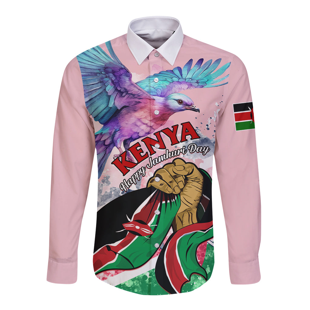 Lilac long-sleeve button shirt with colorful bird and patriotic emblem print.