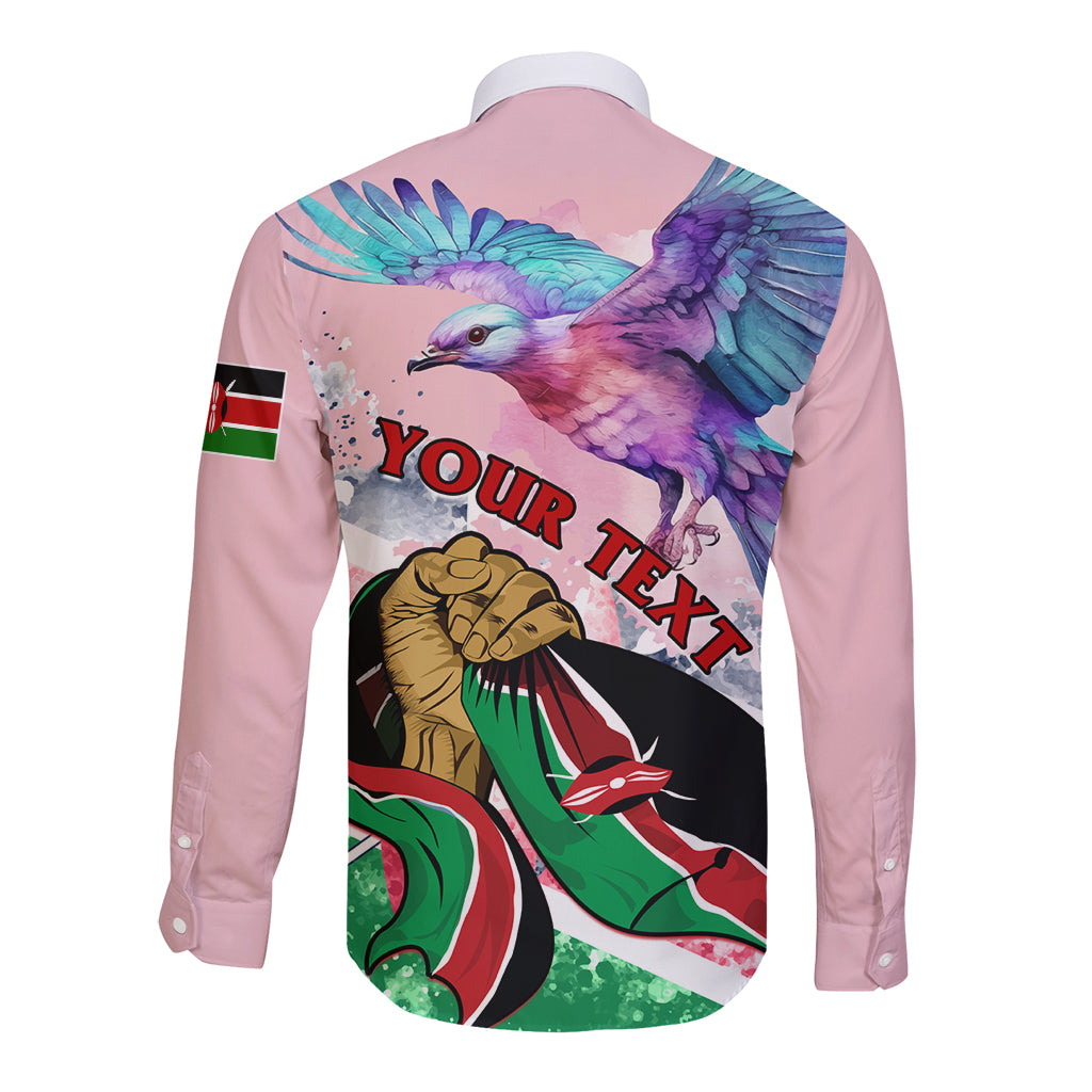 Lilac long-sleeve button shirt with large back bird graphic and “Your Text” area.