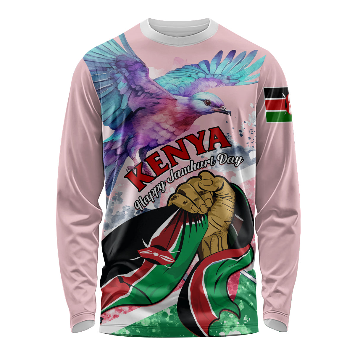 Lilac long-sleeve shirt with purple bird graphic, Kenya flag, and 'Happy Jamhuri Day' text