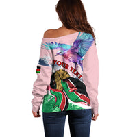 Back view light pink off-shoulder sweater with Kenya graphic and 'YOUR TEXT' banner