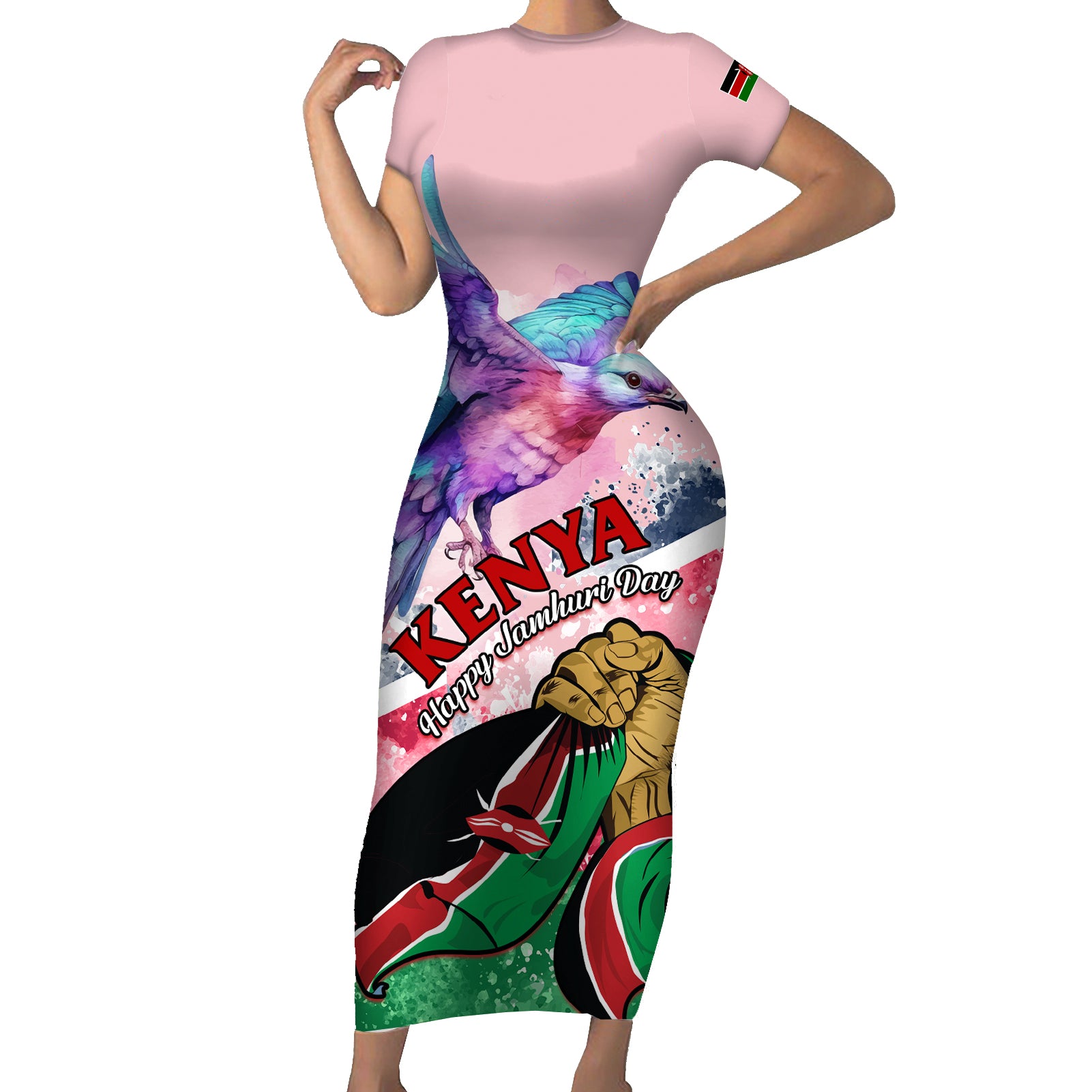 personalised-kenya-independence-day-short-sleeve-bodycon-dress-the-lilac-breasted-roller-unique-version