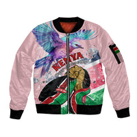 Lilac bomber jacket with zip front, ribbed cuffs, and Kenya Independence Day graphic