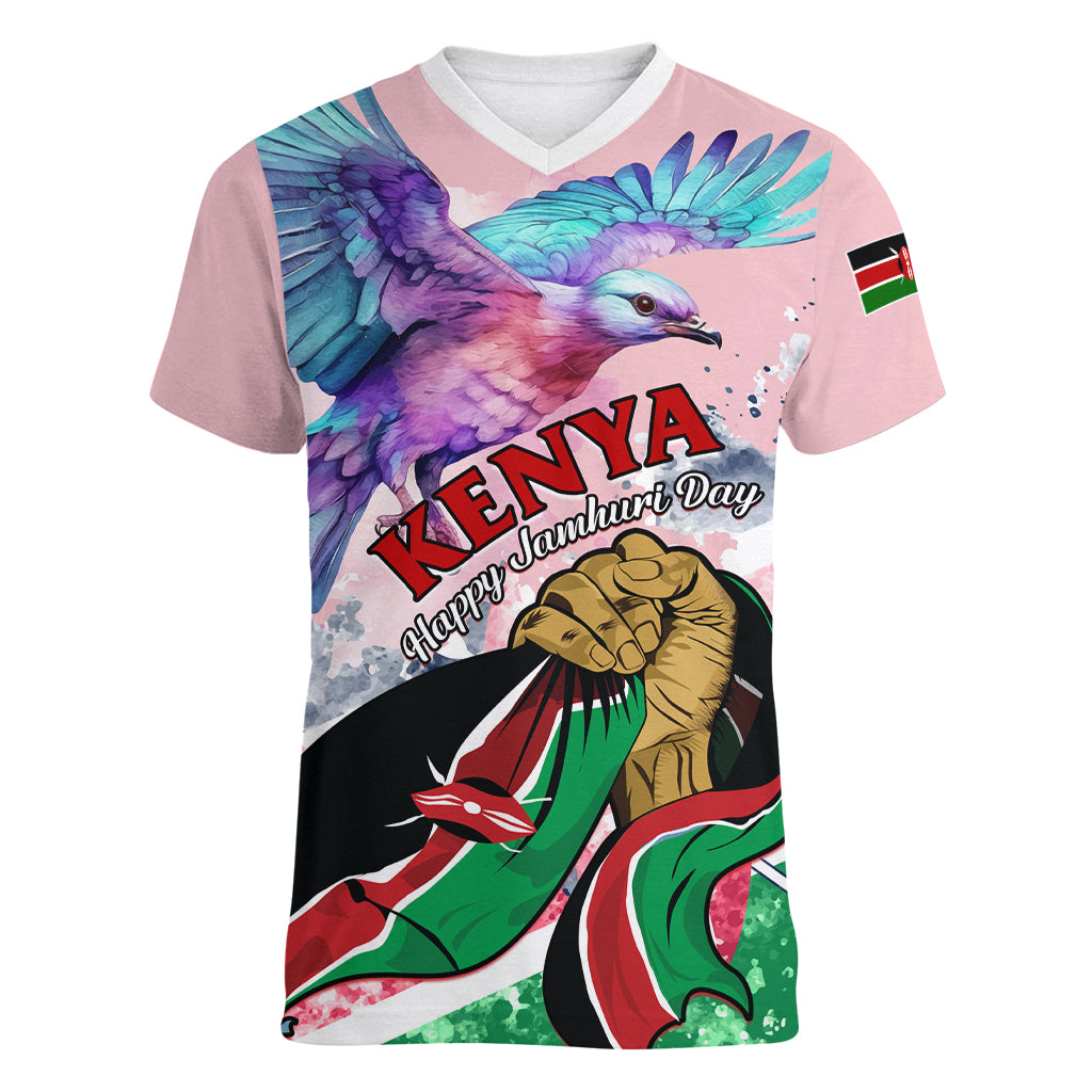 Personalised Kenya Independence Day Women V Neck T Shirt The Lilac Breasted Roller Unique Version - Wonder Print Shop