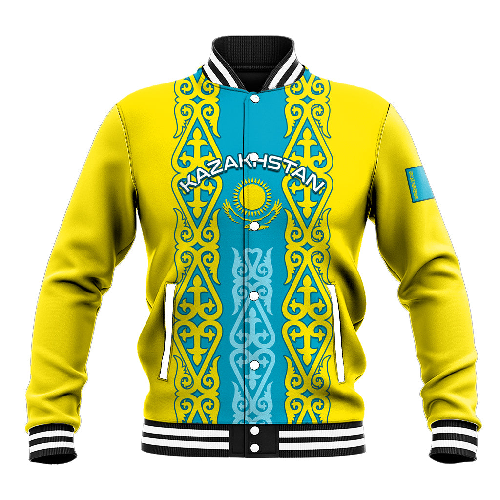 Yellow baseball jacket with blue panel, front crest graphic, striped ribbed collar and cuffs