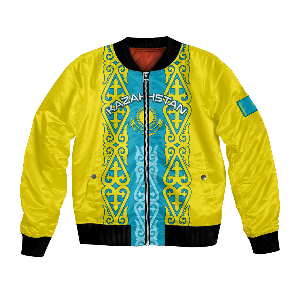 Yellow unisex bomber jacket with front zipper and ornate blue-gold crest panel