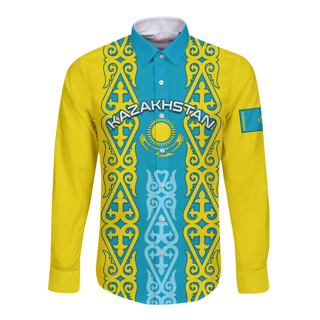 Long-sleeve button shirt in yellow with turquoise crest and ornate gold trim