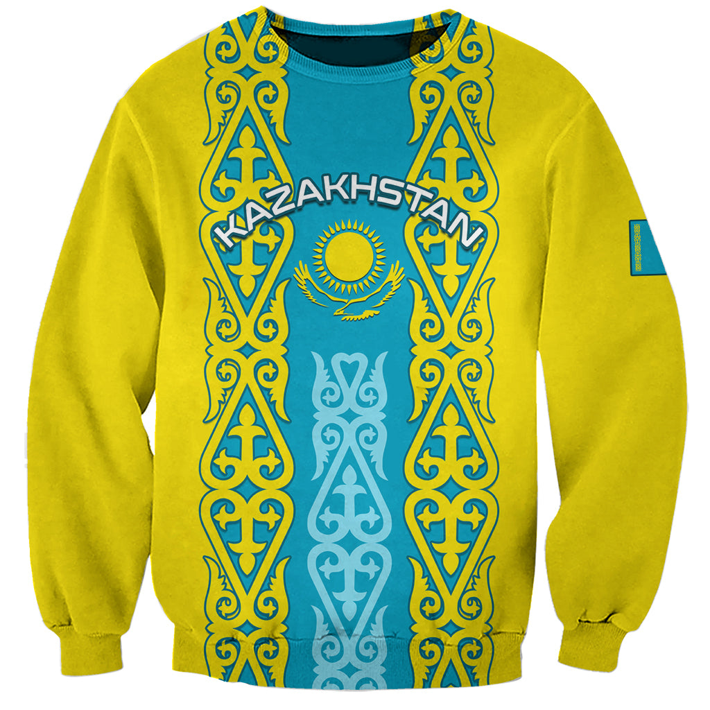 Yellow unisex sweatshirt with blue ornamental crest front print